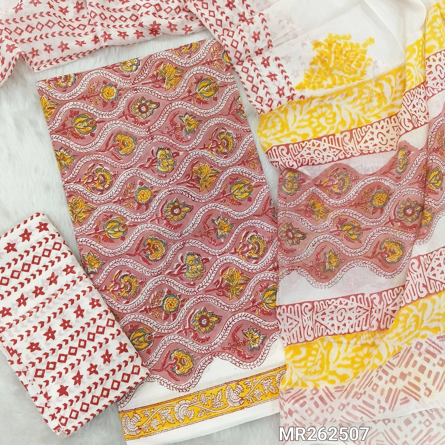 Onion pink hand block printed pure mul cotton unstitched salwar material, (lining needed) hand block printed cotton bottom,block printed full length mul cotton dupatta.(TAPINGS NEEDED, INCONSISTENT PRINTS ARE NOT DEFECTS) MR262507