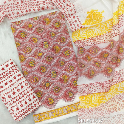 Onion pink hand block printed pure mul cotton unstitched salwar material, (lining needed) hand block printed cotton bottom,block printed full length mul cotton dupatta.(TAPINGS NEEDED, INCONSISTENT PRINTS ARE NOT DEFECTS) MR262507