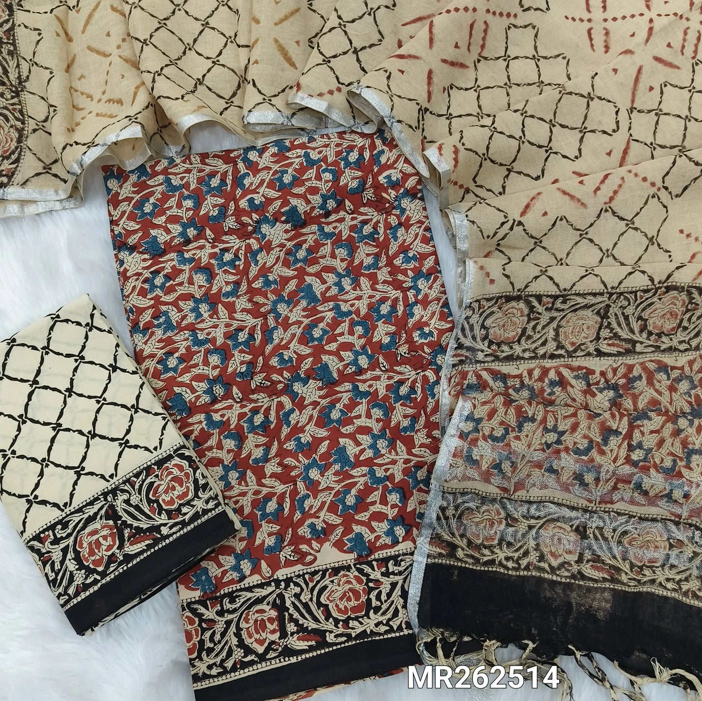 Maroon bagru hand block printed mul cotton unstitched salwar material,(lining needed)block printed cotton bottom,hand block printed linen cotton dupatta with silver tissue borders(TAPINGS NEEDED, INCONSISTENT PRINTS ARE NOT DEFECTS) MR262514