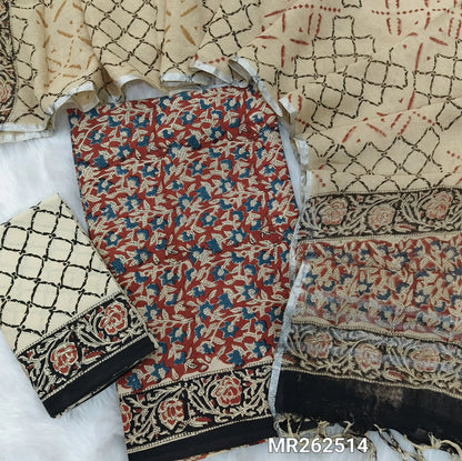 Maroon bagru hand block printed mul cotton unstitched salwar material,(lining needed)block printed cotton bottom,hand block printed linen cotton dupatta with silver tissue borders(TAPINGS NEEDED, INCONSISTENT PRINTS ARE NOT DEFECTS) MR262514