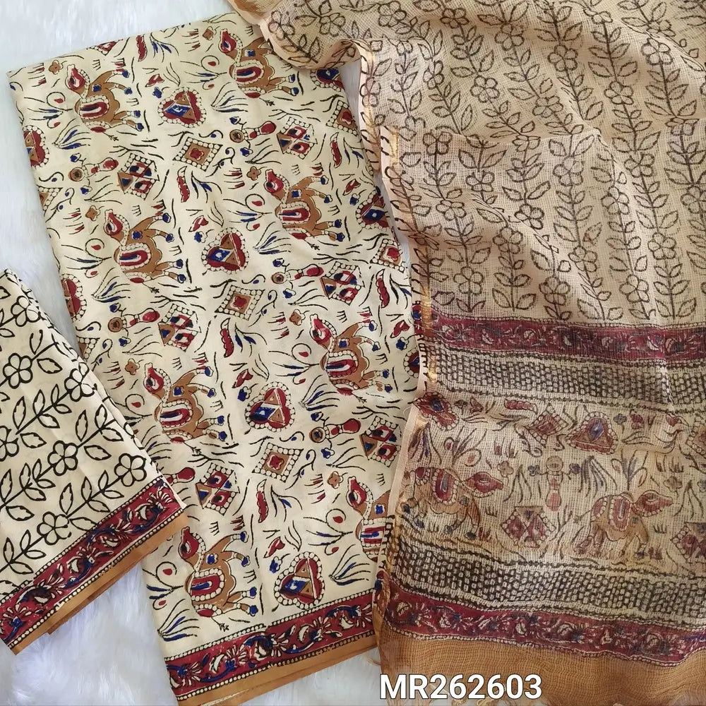 Off white base hand block printed pure mul cotton unstitched salwar material, (lining optional) hand block printed cotton bottom,block printed kota cotton dupatta with tissue borders.(TAPINGS NEEDED, INCONSISTENT PRINTS ARE NOT DEFECTS) MR262603