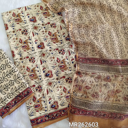 Off white base hand block printed pure mul cotton unstitched salwar material, (lining optional) hand block printed cotton bottom,block printed kota cotton dupatta with tissue borders.(TAPINGS NEEDED, INCONSISTENT PRINTS ARE NOT DEFECTS) MR262603