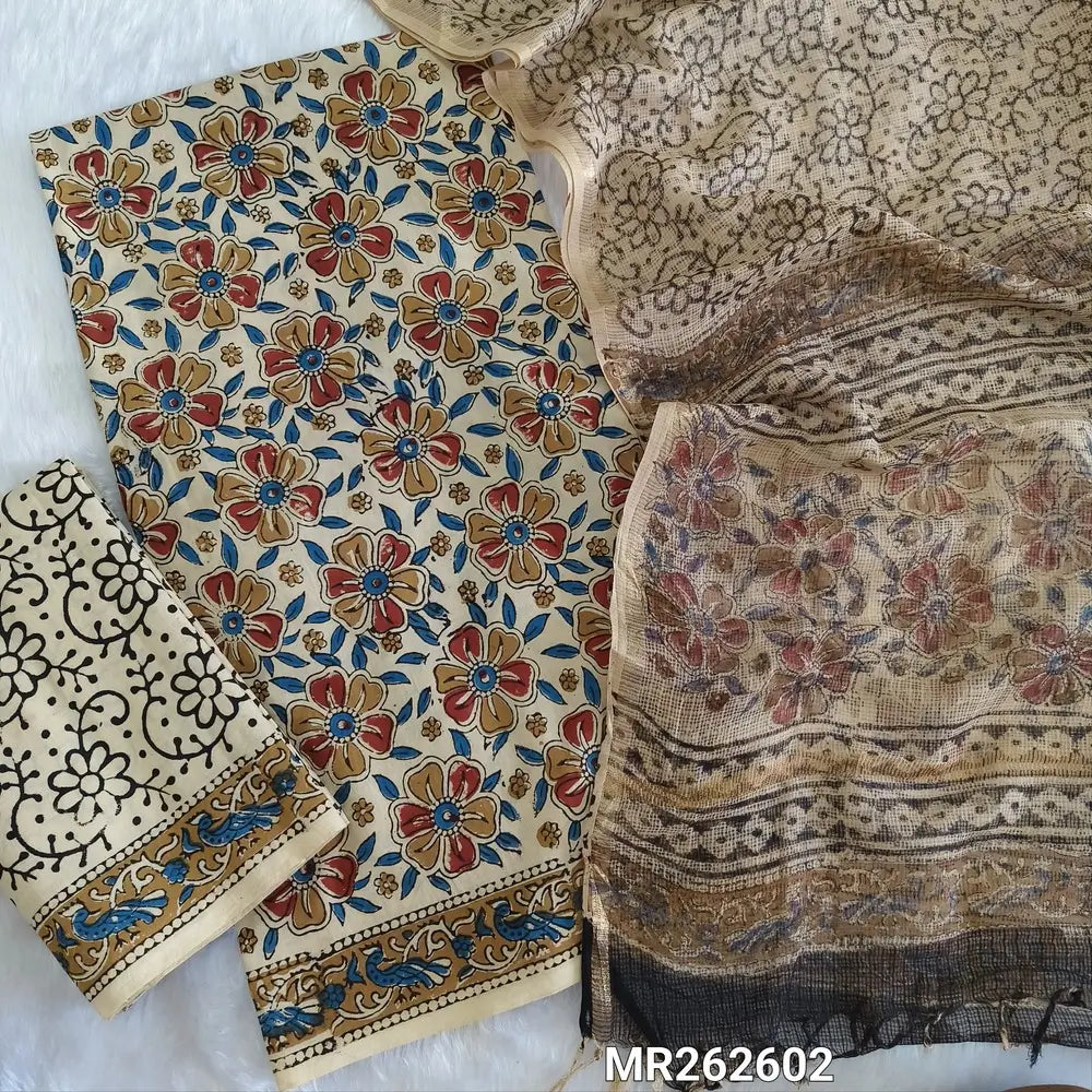 Off white base hand block printed pure mul cotton unstitched salwar material, (lining optional) hand block printed cotton bottom,block printed kota cotton dupatta with tissue borders.(TAPINGS NEEDED, INCONSISTENT PRINTS ARE NOT DEFECTS) MR262602