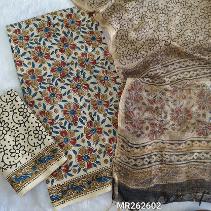 Off white base hand block printed pure mul cotton unstitched salwar material, (lining optional) hand block printed cotton bottom,block printed kota cotton dupatta with tissue borders.(TAPINGS NEEDED, INCONSISTENT PRINTS ARE NOT DEFECTS) MR262602