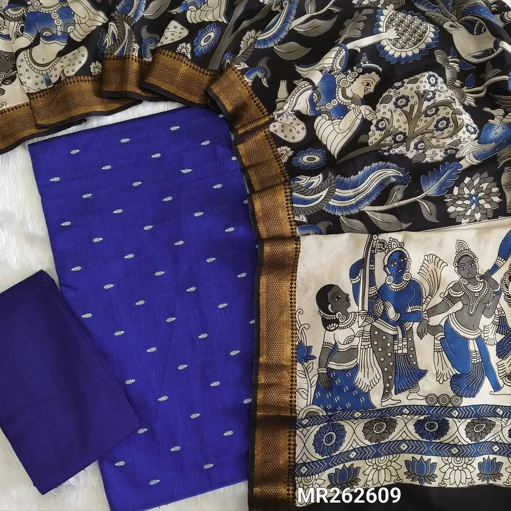Royal blue premium raw silk unstitched salwar material,thread weaving buttas all over, (textured, Lining needed) silk bottom, pen kalamkari chennuri silk dupatta with nizam borders (INCONSISTENT STAINS ARE NOT DEFECTS). MR262609