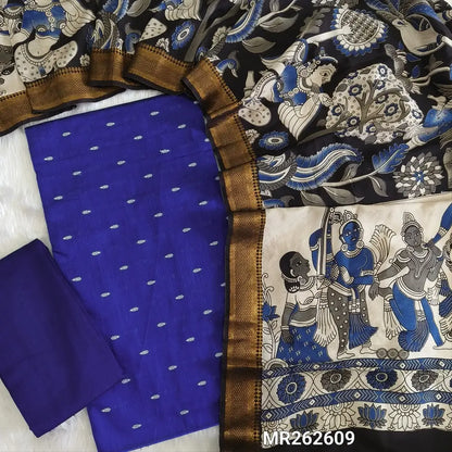 Royal blue premium raw silk unstitched salwar material,thread weaving buttas all over, (textured, Lining needed) silk bottom, pen kalamkari chennuri silk dupatta with nizam borders (INCONSISTENT STAINS ARE NOT DEFECTS). MR262609