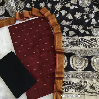 Maroon premium raw silk unstitched salwar material,thread weaving buttas all over, (textured, Lining needed) black silk bottom, pen kalamkari chennuri silk dupatta with nizam borders (INCONSISTENT STAINS ARE NOT DEFECTS). MR262606