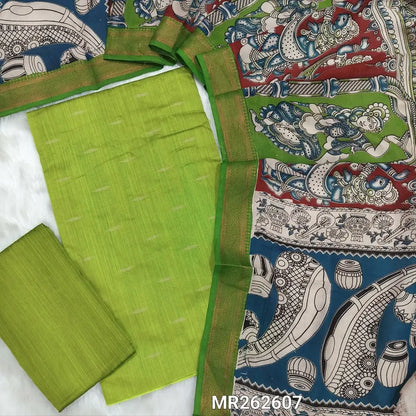 Parrot green premium raw silk unstitched salwar material,thread weaving buttas all over, (textured, Lining needed) silk bottom, pen kalamkari chennuri silk dupatta with nizam borders (INCONSISTENT STAINS ARE NOT DEFECTS). MR262607