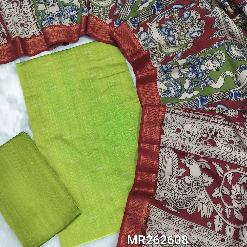 Parrot green premium raw silk unstitched salwar material,thread weaving buttas all over, (textured, Lining needed) silk bottom, pen kalamkari chennuri silk dupatta with nizam borders (INCONSISTENT STAINS ARE NOT DEFECTS). MR262608