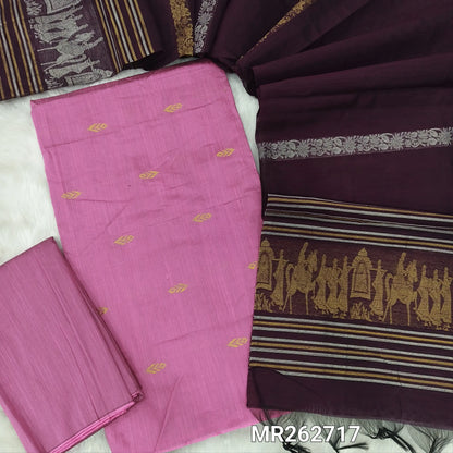 Lotus pink slub silk cotton unstitched salwar material, gold zari weaving all over(lining needed)matching silk cotton bottom, silver and gold zari weaving on slub silk cotton dupatta  with pallu(TAPPING NEEDED). MR262717