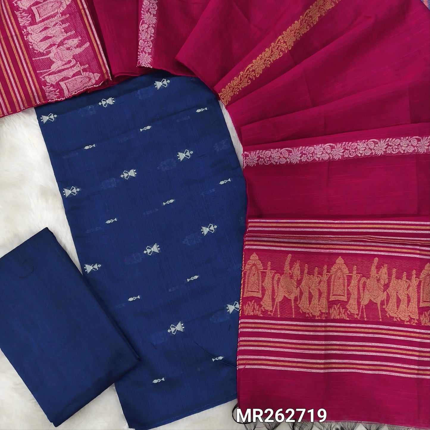 Royal blue slub silk cotton unstitched salwar material, thread weaving all over(lining needed)matching silk cotton bottom, silver and gold zari weaving on slub silk cotton dupatta  with pallu(TAPPING NEEDED). MR262719