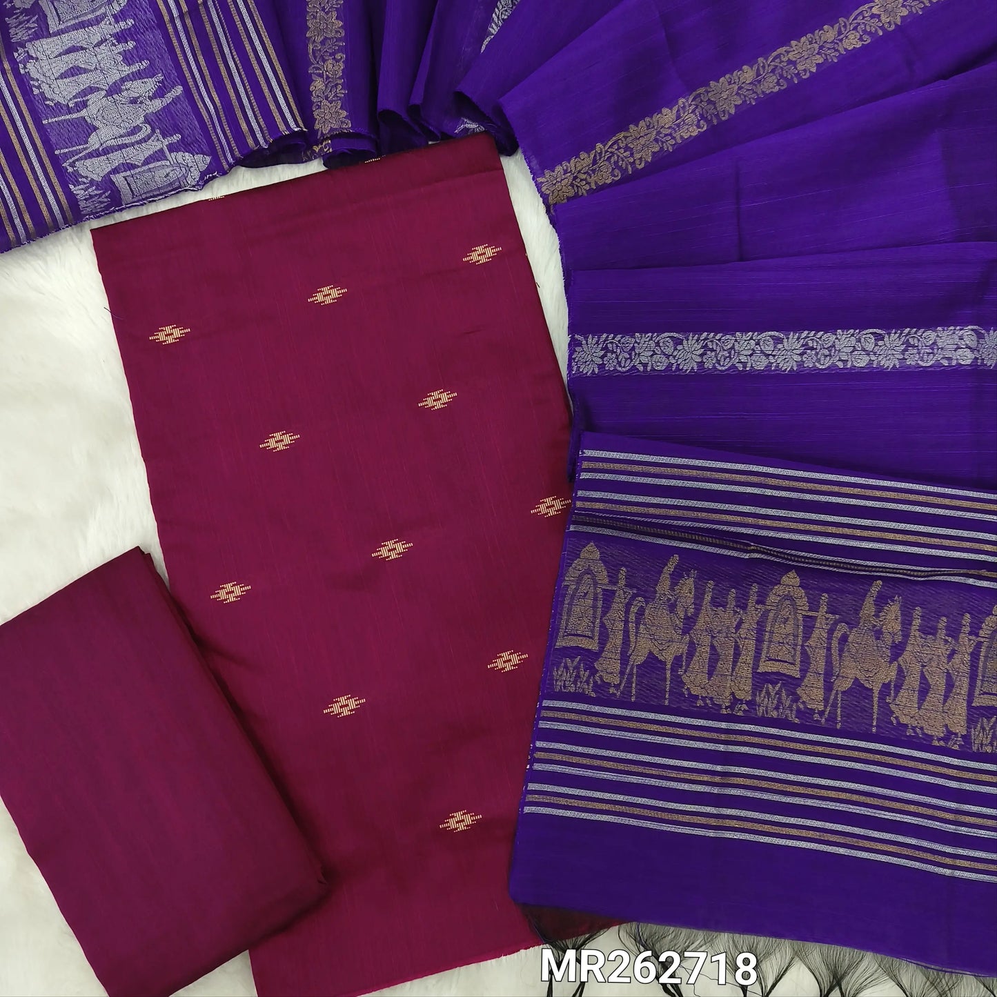Rani pink slub silk cotton unstitched salwar material, thread weaving all over(lining needed)matching silk cotton bottom, silver and gold zari weaving on slub silk cotton dupatta  with pallu(TAPPING NEEDED). MR262718