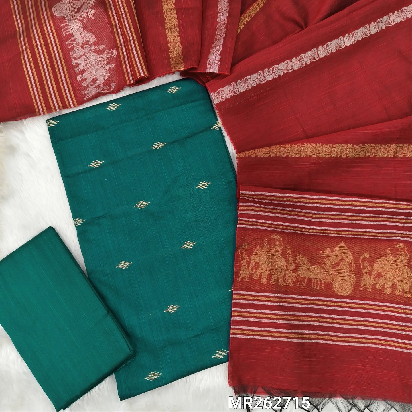 Dark teal blue slub silk cotton unstitched salwar material, thread weaving all over(lining needed)matching silk cotton bottom, silver and gold zari weaving on slub silk cotton dupatta  with pallu(TAPPING NEEDED). MR262716