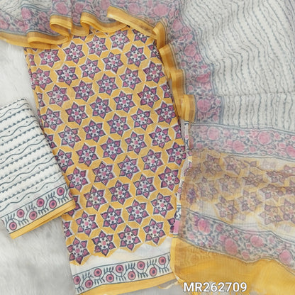 Pastel yellow hand block printed pure mul cotton unstitched salwar material, (lining needed)hand block printed cotton bottom, block printed soft kota doria dupatta. (TAPINGS NEEDED, INCONSISTENT PRINTS ARE NOT DEFECTS) MR262709
