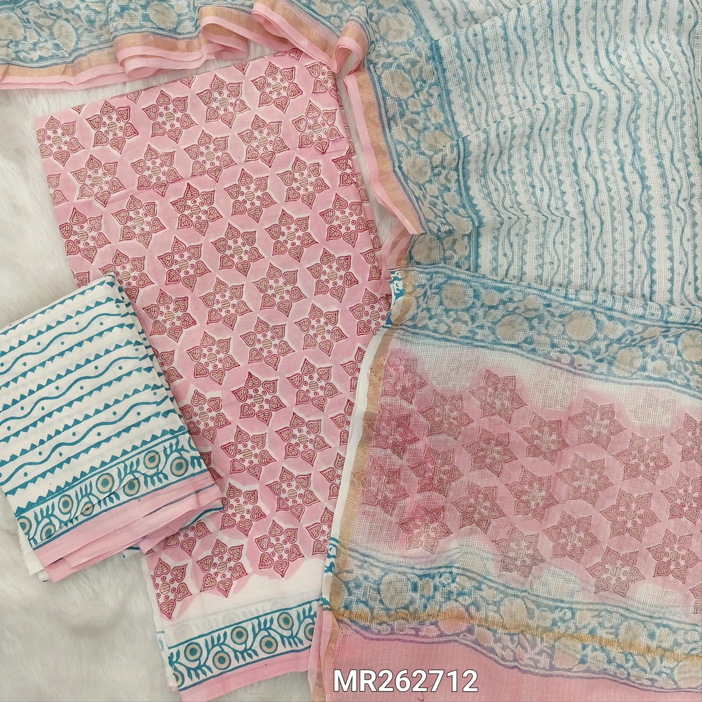 Pastel pink hand block printed pure mul cotton unstitched salwar material, (lining needed)hand block printed cotton bottom, block printed soft kota doria dupatta. (TAPINGS NEEDED, INCONSISTENT PRINTS ARE NOT DEFECTS) MR262712