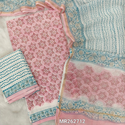 Pastel pink hand block printed pure mul cotton unstitched salwar material, (lining needed)hand block printed cotton bottom, block printed soft kota doria dupatta. (TAPINGS NEEDED, INCONSISTENT PRINTS ARE NOT DEFECTS) MR262712