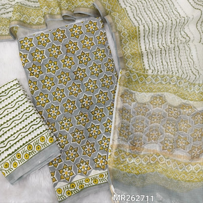 Grey hand block printed pure mul cotton unstitched salwar material, (lining needed)hand block printed cotton bottom, block printed soft kota doria dupatta. (TAPINGS NEEDED, INCONSISTENT PRINTS ARE NOT DEFECTS) MR262711