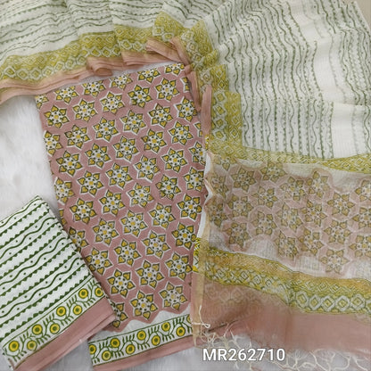 Light onion pink  hand block printed pure mul cotton unstitched salwar material, (lining needed)hand block printed cotton bottom, block printed soft kota doria dupatta. (TAPINGS NEEDED, INCONSISTENT PRINTS ARE NOT DEFECTS) MR262710