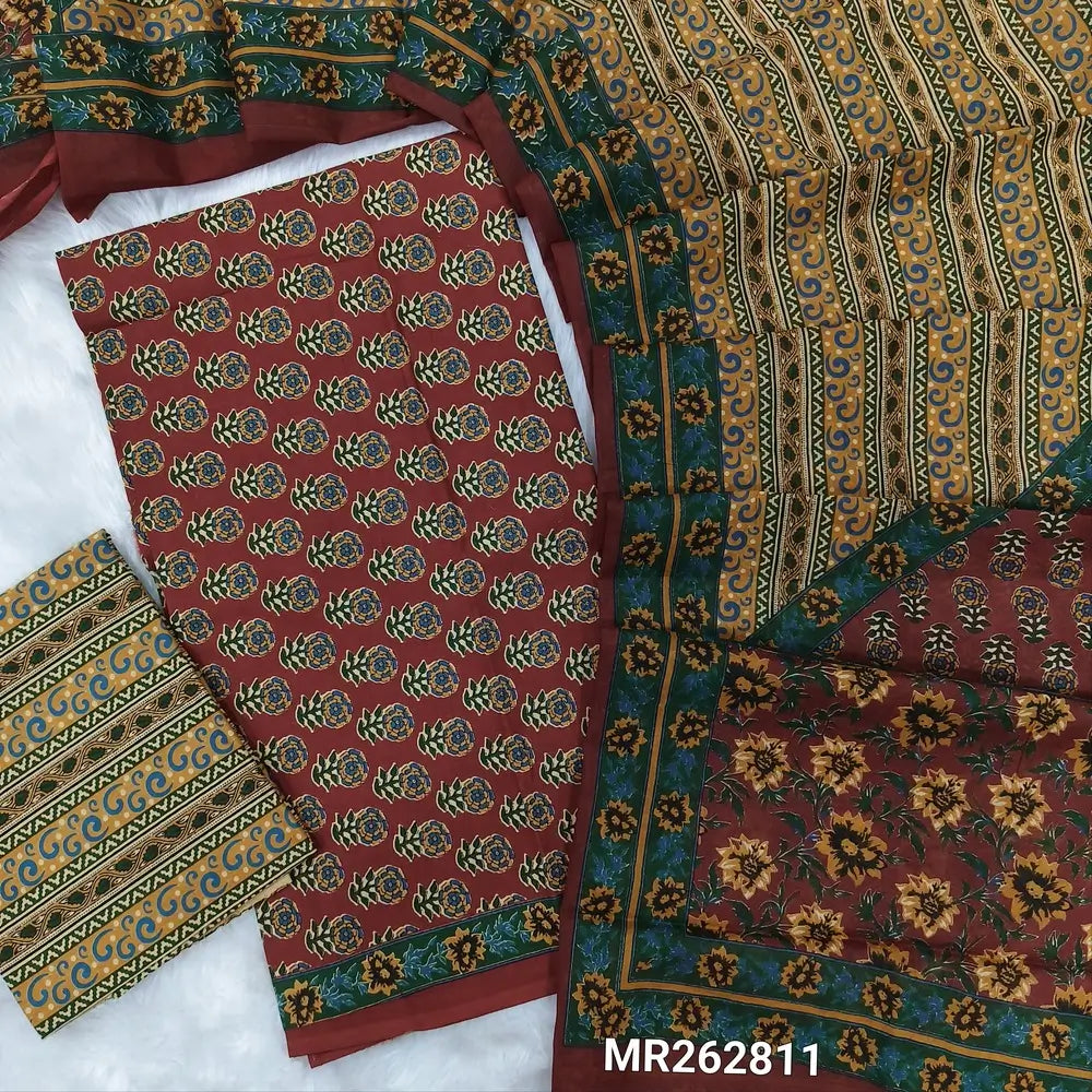 Dark maroon hand block printed soft cotton unstitched salwar material, ( thin,lining optional)printed cotton bottom,printed full length pure cotton dupatta. (TAPINGS NEEDED, INCONSISTENT PRINTS ARE NOT DEFECTS) MR262811
