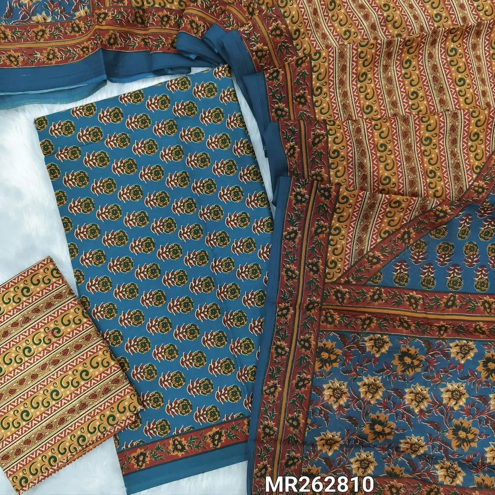 Dark blue hand block printed soft cotton unstitched salwar material, ( thin,lining optional)printed cotton bottom,printed full length pure cotton dupatta. (TAPINGS NEEDED, INCONSISTENT PRINTS ARE NOT DEFECTS) MR262810