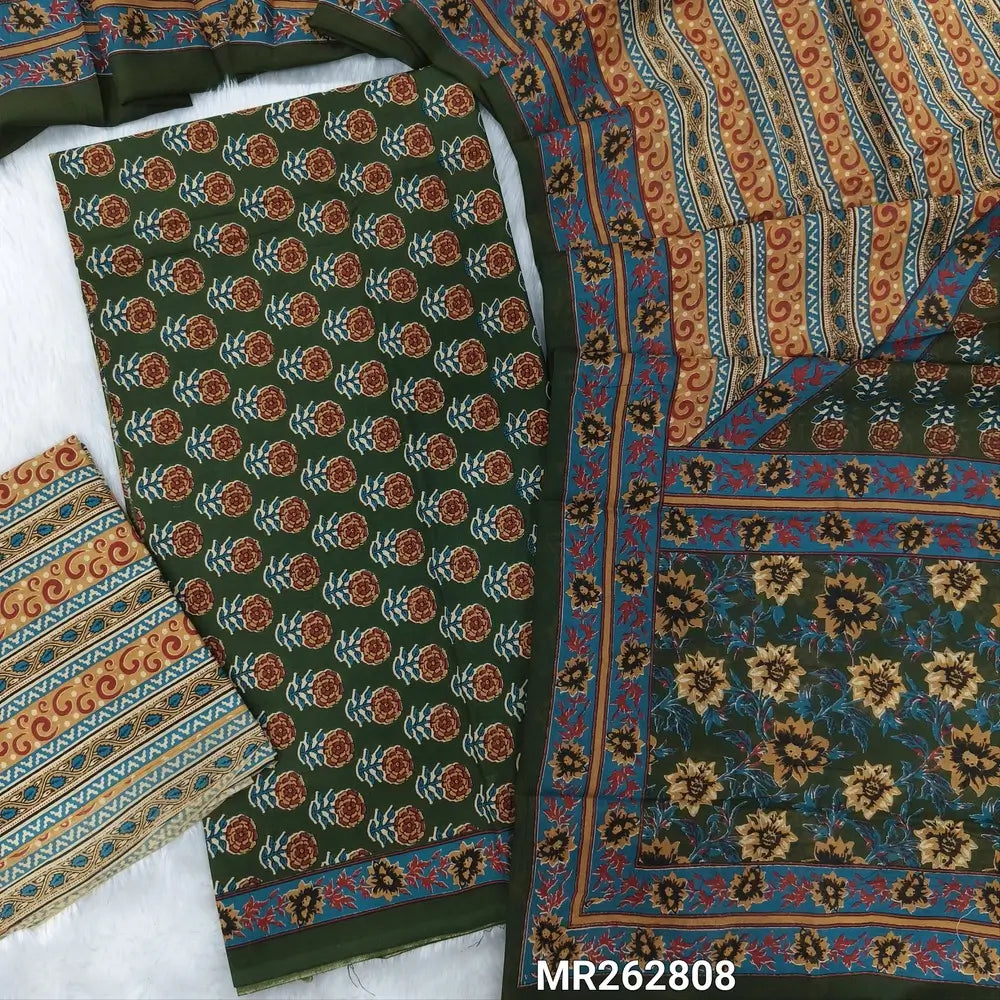 Dark green hand block printed soft cotton unstitched salwar material, ( thin,lining optional)printed cotton bottom,printed full length pure cotton dupatta. (TAPINGS NEEDED, INCONSISTENT PRINTS ARE NOT DEFECTS) MR262808