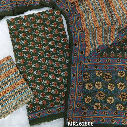 Dark green hand block printed soft cotton unstitched salwar material, ( thin,lining optional)printed cotton bottom,printed full length pure cotton dupatta. (TAPINGS NEEDED, INCONSISTENT PRINTS ARE NOT DEFECTS) MR262808