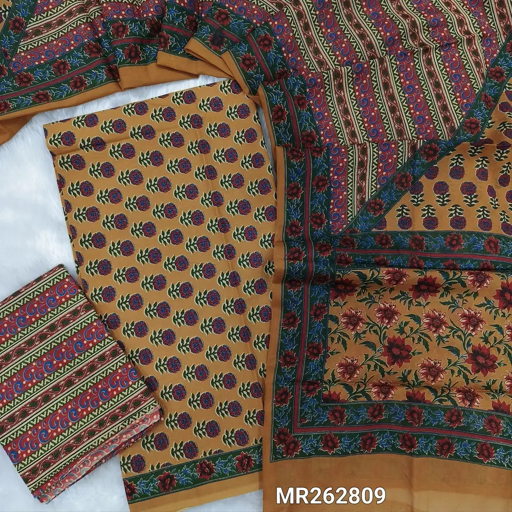 Dark beige hand block printed soft cotton unstitched salwar material, ( thin,lining optional)printed cotton bottom,printed full length pure cotton dupatta. (TAPINGS NEEDED, INCONSISTENT PRINTS ARE NOT DEFECTS) MR262809