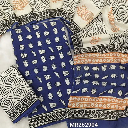 Dark blue hand block printed pure mul cotton unstitched salwar material, (lining optional) block printed cotton bottom,hand block printed mul cotton dupatta(TAPPING NEEDED, INCONSISTENCY OF PRINTS AND DYEING ARE NOT CONSIDERED AS DEFECTS. MR262904