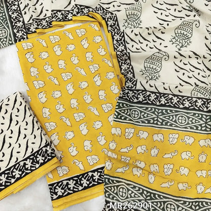 Mehandhi Yellow hand block printed pure mul cotton unstitched salwar material, (lining optional) block printed cotton bottom,hand block printed mul cotton dupatta(TAPPING NEEDED, INCONSISTENCY OF PRINTS AND DYEING ARE NOT CONSIDERED AS DEFECTS. MR262901