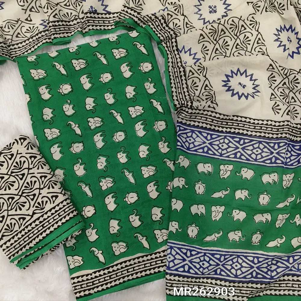 Green hand block printed pure mul cotton unstitched salwar material, (lining optional) block printed cotton bottom,hand block printed mul cotton dupatta(TAPPING NEEDED, INCONSISTENCY OF PRINTS AND DYEING ARE NOT CONSIDERED AS DEFECTS. MR262903