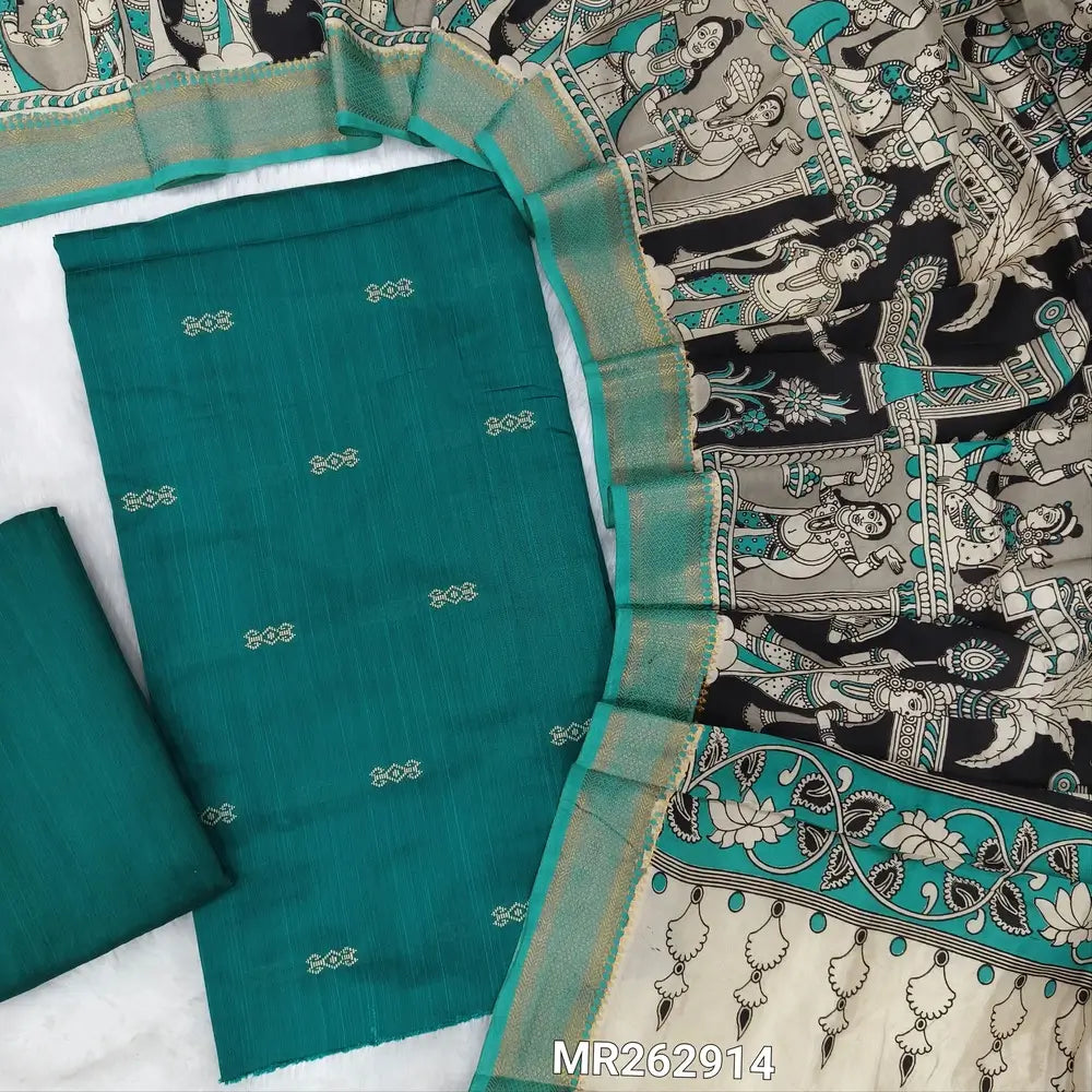Dark teal green premium raw silk unstitched salwar material,thread weaving buttas all over, (textured, Lining needed) silk bottom, pen kalamkari chennuri silk dupatta with nizam borders (INCONSISTENT STAINS ARE NOT DEFECTS). MR262914