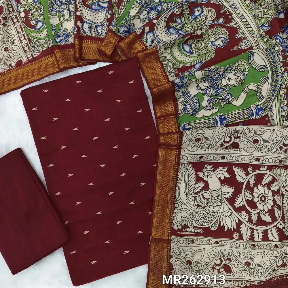 Dark reddish maroon premium raw silk unstitched salwar material,thread weaving buttas all over, (textured, Lining needed) silk bottom, pen kalamkari chennuri silk dupatta with nizam borders (INCONSISTENT STAINS ARE NOT DEFECTS). MR262913