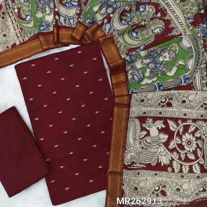 Dark reddish maroon premium raw silk unstitched salwar material,thread weaving buttas all over, (textured, Lining needed) silk bottom, pen kalamkari chennuri silk dupatta with nizam borders (INCONSISTENT STAINS ARE NOT DEFECTS). MR262913