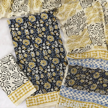 Black base hand block printed pure mul cotton unstitched salwar material, (lining optional)hand block printed cotton bottom, block printed full length mul cotton dupatta. (TAPINGS NEEDED, INCONSISTENT PRINTS ARE NOT DEFECTS) MR263011
