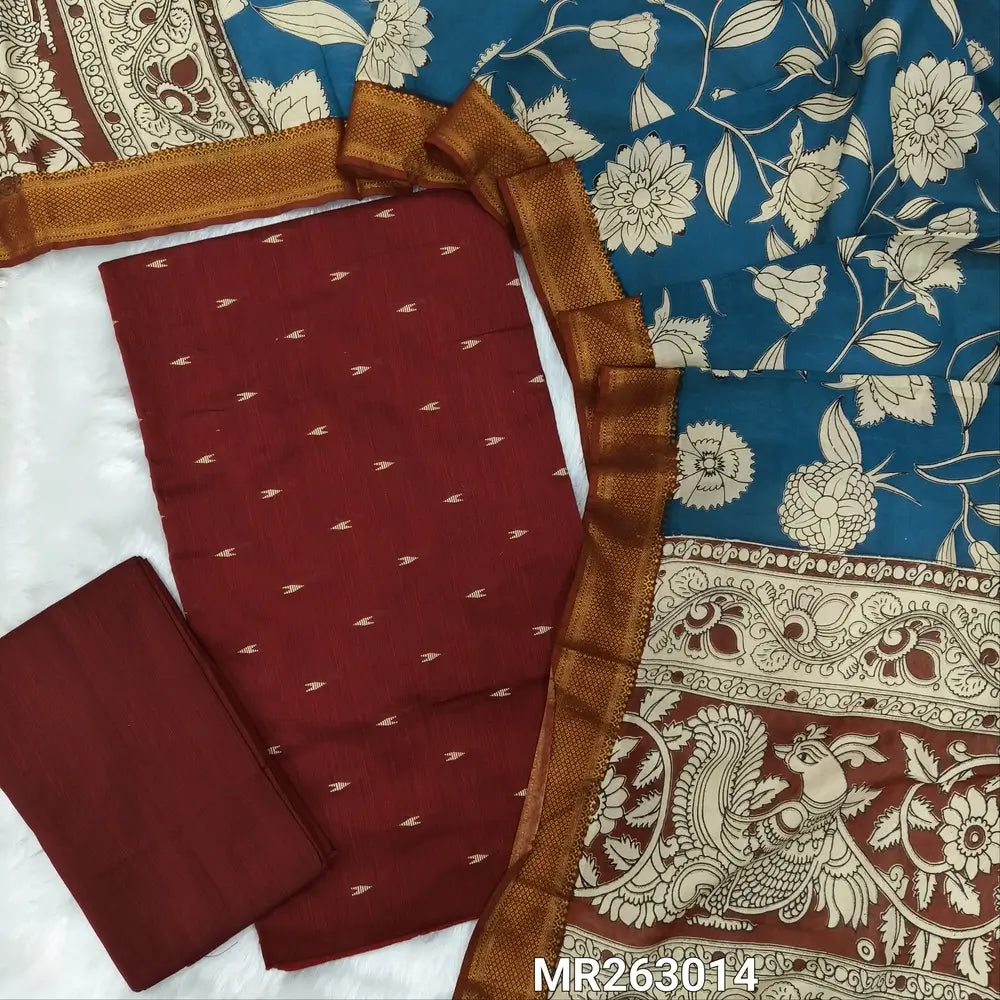 Dark maroon premium raw silk unstitched salwar material,thread weaving buttas all over, (textured, Lining needed) silk bottom, pen kalamkari chennuri silk dupatta with nizam borders (INCONSISTENT STAINS ARE NOT DEFECTS). MR263014