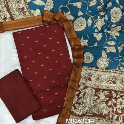 Dark maroon premium raw silk unstitched salwar material,thread weaving buttas all over, (textured, Lining needed) silk bottom, pen kalamkari chennuri silk dupatta with nizam borders (INCONSISTENT STAINS ARE NOT DEFECTS). MR263014