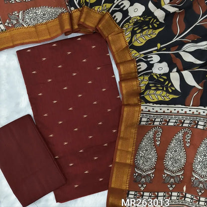 Dark maroon premium raw silk unstitched salwar material,thread weaving buttas all over, (textured, Lining needed) silk bottom, pen kalamkari chennuri silk dupatta with nizam borders (INCONSISTENT STAINS ARE NOT DEFECTS). MR263013
