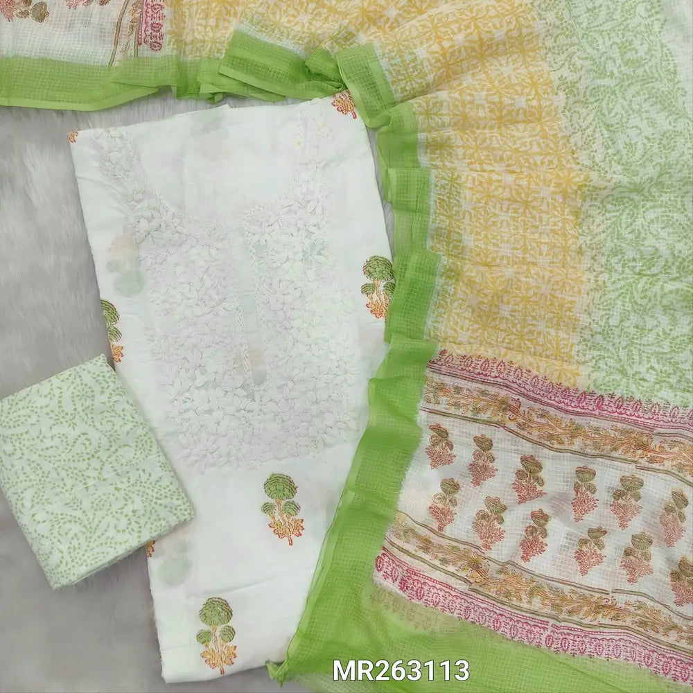 White base chikankari embroidered pure mul cotton unstitched salwar material, hand block printed all over,( soft,lining needed)green block printed pure cotton bottom, hand block printed pure kota cotton dupatta (TAPING NEEDED). MR263113