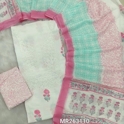 White base chikankari embroidered pure mul cotton unstitched salwar material, hand block printed all over,( soft,lining needed)pink block printed pure cotton bottom, hand block printed pure kota cotton dupatta (TAPING NEEDED). MR263110