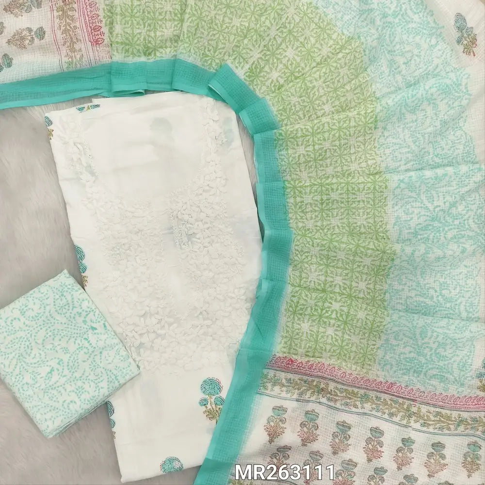 White base chikankari embroidered pure mul cotton unstitched salwar material, hand block printed all over,( soft,lining needed)blue block printed pure cotton bottom, hand block printed pure kota cotton dupatta (TAPING NEEDED). MR263111