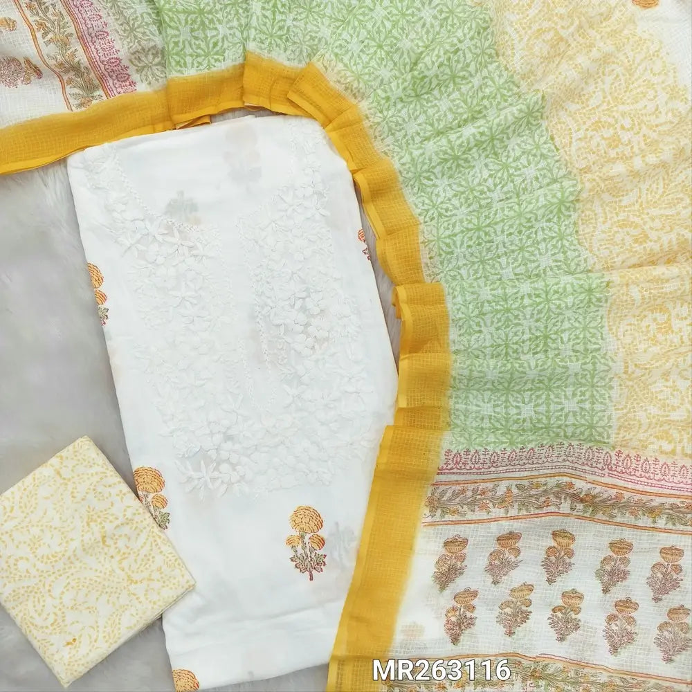 White base chikankari embroidered pure mul cotton unstitched salwar material, hand block printed all over,( soft,lining needed)yellow block printed pure cotton bottom, hand block printed pure kota cotton dupatta (TAPING NEEDED). MR263112