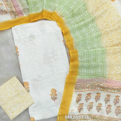 White base chikankari embroidered pure mul cotton unstitched salwar material, hand block printed all over,( soft,lining needed)yellow block printed pure cotton bottom, hand block printed pure kota cotton dupatta (TAPING NEEDED). MR263112