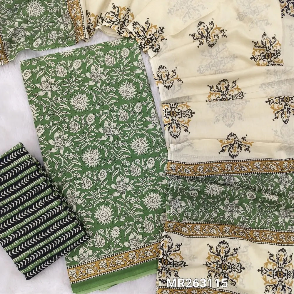 Light green hand block printed pure cotton unstitched salwar material,(lining needed)block printed cotton bottom,hand block printed full length mul cotton dupatta(TAPINGS NEEDED, INCONSISTENT PRINTS ARE NOT DEFECTS) MR263115