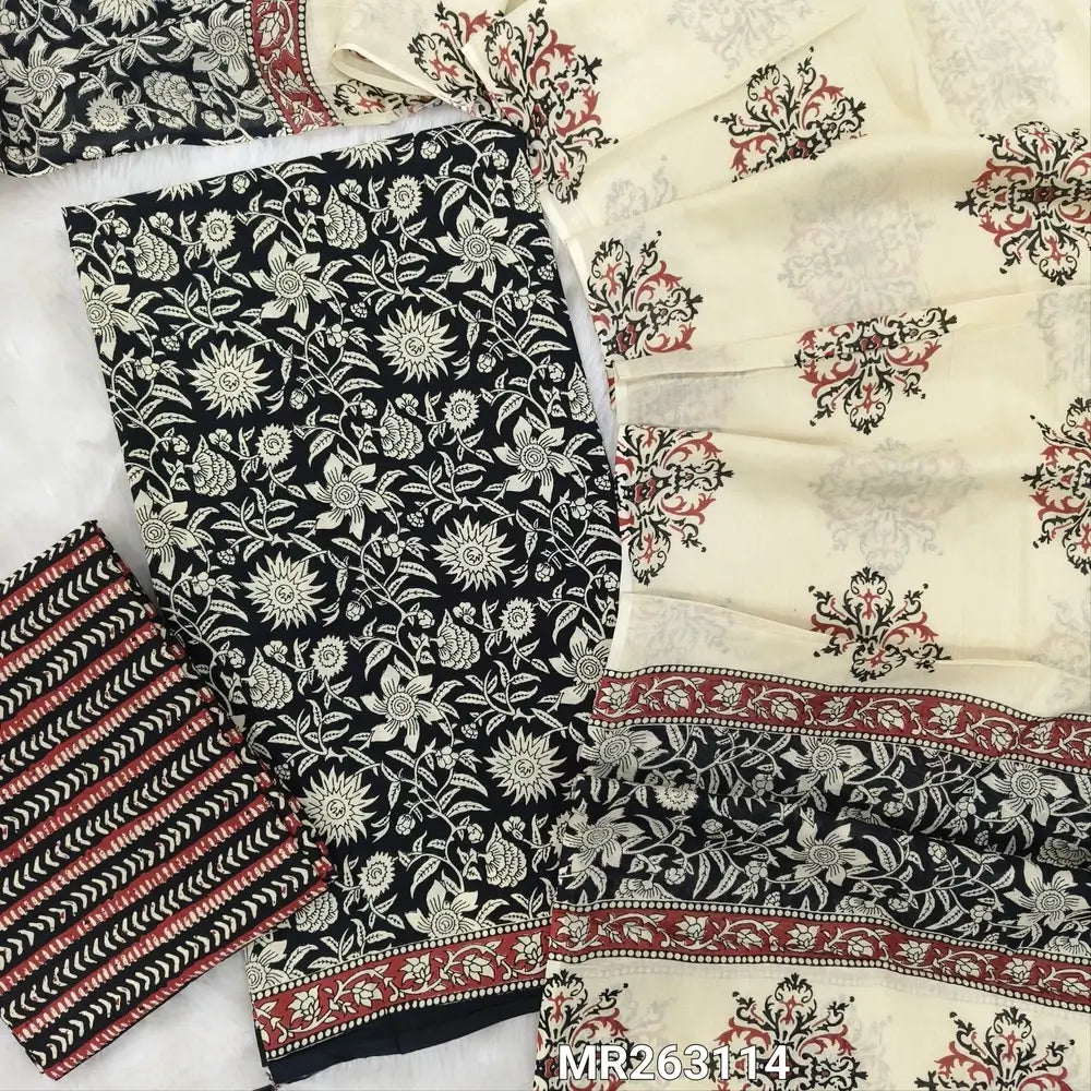 Black hand block printed pure cotton unstitched salwar material,(lining needed)block printed cotton bottom,hand block printed full length mul cotton dupatta(TAPINGS NEEDED, INCONSISTENT PRINTS ARE NOT DEFECTS) MR263114