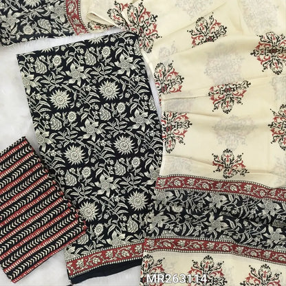 Black hand block printed pure cotton unstitched salwar material,(lining needed)block printed cotton bottom,hand block printed full length mul cotton dupatta(TAPINGS NEEDED, INCONSISTENT PRINTS ARE NOT DEFECTS) MR263114