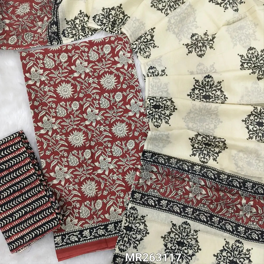 Dark maroon hand block printed pure cotton unstitched salwar material,(lining needed)block printed cotton bottom,hand block printed full length mul cotton dupatta(TAPINGS NEEDED, INCONSISTENT PRINTS ARE NOT DEFECTS) MR263117
