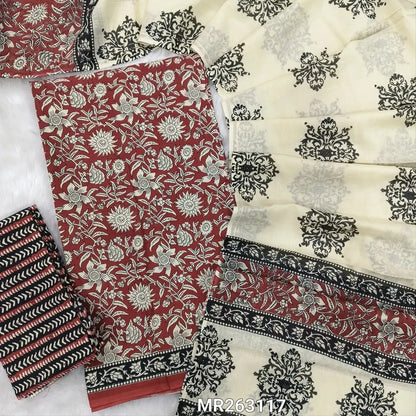 Dark maroon hand block printed pure cotton unstitched salwar material,(lining needed)block printed cotton bottom,hand block printed full length mul cotton dupatta(TAPINGS NEEDED, INCONSISTENT PRINTS ARE NOT DEFECTS) MR263117