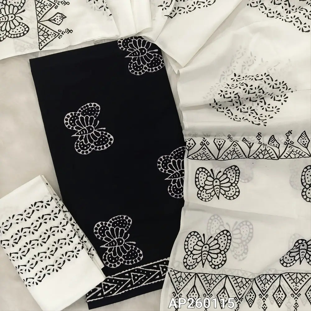 Black hand block printed pure mul cotton unstitched salwar material,(lining optional)hand block printed white cotton bottom,block printed full length mul cotton dupatta. (TAPINGS NEEDED, INCONSISTENT PRINTS ARE NOT DEFECTS) AP260115
