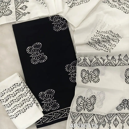 Black hand block printed pure mul cotton unstitched salwar material,(lining optional)hand block printed white cotton bottom,block printed full length mul cotton dupatta. (TAPINGS NEEDED, INCONSISTENT PRINTS ARE NOT DEFECTS) AP260115