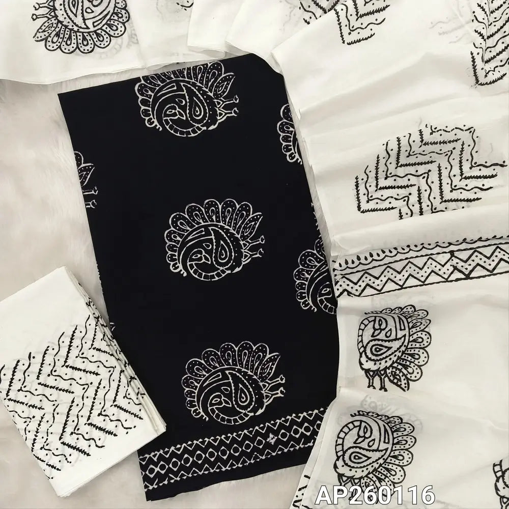 Black hand block printed pure mul cotton unstitched salwar material,(lining optional)hand block printed white cotton bottom,block printed full length mul cotton dupatta. (TAPINGS NEEDED, INCONSISTENT PRINTS ARE NOT DEFECTS) AP260116